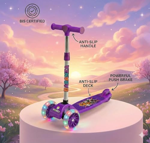 Image of Pixi Turbo Kick Scooter 24mm Wheels | Skate Cycle for Kids with LED Flashing Wheels | Adjustable Height | Foldable | Age 3 to 10 Years | PU Wheels | Max User Weight 50 kgs | Color - Purple