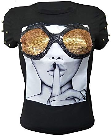 PESION Womens Short Sleeve T-Shirt Sequined Tops O-Neck Funny Graphic Tees Blouse, Black1 X-Large