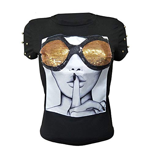 PESION Womens Short Sleeve T-Shirt Sequined Tops O-Neck Funny Graphic Tees Blouse Small Black1