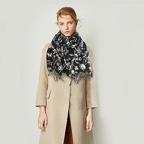 Winter Cashmere Shawl - Women's Ink Flower Pattern Pashmina With Tassel, Long Neck Scarf, Soft Warm Wrap Stole2