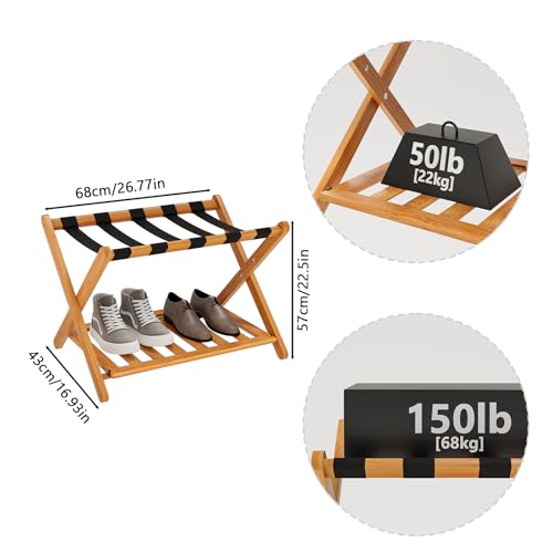 Smuxee Fully Assembled Honey Luggage Racks Pack of 2, Upgraded Bamboo Foldable Suitcase Stand with 5 Nylon Straps, Luggage Holder with Shelf for Guest Room Bedroom Hotel