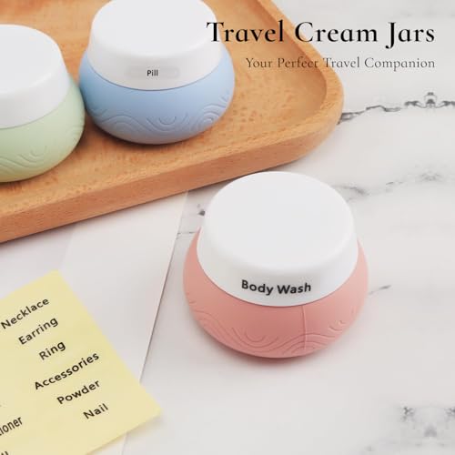 Image of Lyrovo 30ml Silicone Travel Containers for Toiletries, Set of 4 - BPA-Free Leakproof Refillable Cosmetic Jars with Clear Bag, Name Stickers, and Scoops for Face, Hand & Body Creams (Pastel)