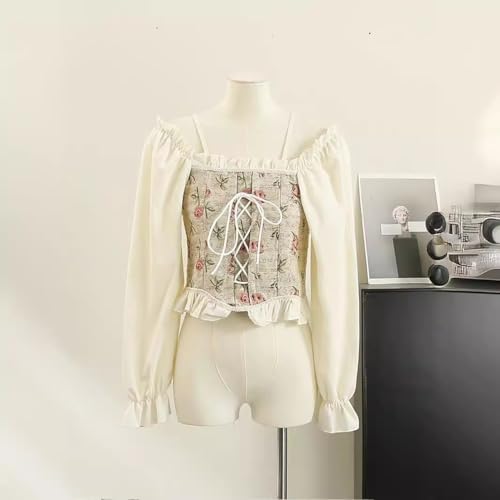 Image of ICW Women Korean Retro Style Vintage Floral Jacquard Lace-Up Off-The-Shoulder Smock Puff Sleeve Ruffled Crop Blouse Corset Top Dn81 (One Size XS-S) 2403