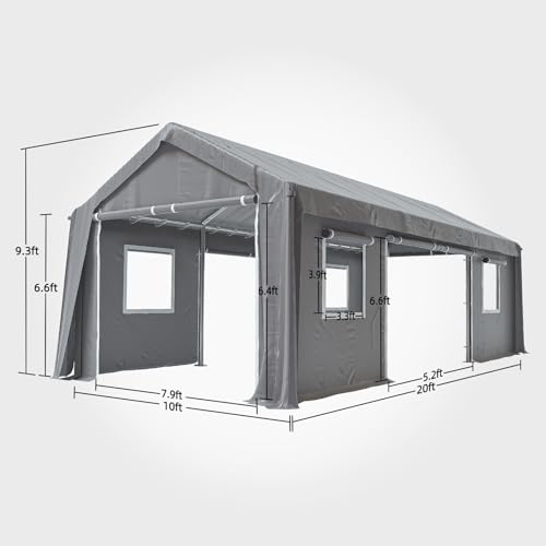 Image of 10x20FT Heavy Duty Carport Canopy 4 Roll-Up Doors & 4 Windows Portable Garage All-Season Outdoor Storage Shed for Car Truck Boat Shelter Party Tent, Gray