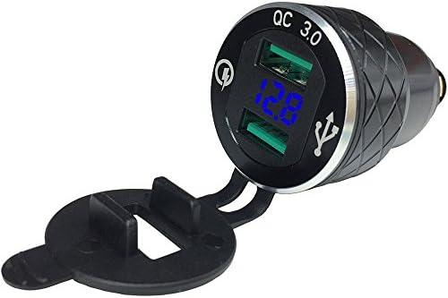 BUENNUS Aluminum Alloy Quick Charge 3.0 Dual Motorcycle USB Charger for BMW Motorcycle Charger for Triumph Tiger Ducati Cigarette Lighter Voltmeter QC3.0 DIN Socket to USB Adapter(Black)
