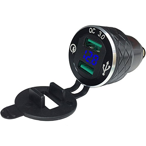BUENNUS Aluminum Alloy Quick Charge 3.0 Dual Motorcycle USB Charger for BMW Motorcycle Charger for Triumph Tiger Ducati Cigarette Lighter Voltmeter QC3.0 DIN Socket to USB Adapter(Black)