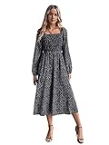 SweatyRocks Women's Long Sleeve Floral Print Flared Flowy Chiffon Maxi Dress White Black XL