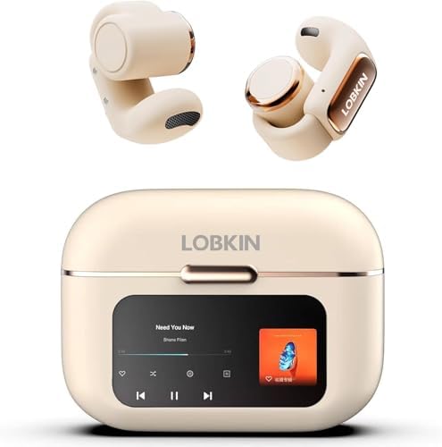 LOBKIN Open Ear Earbuds, Clip On Headphones Wireless Bluetooth 5.4 Adaptive Comfortable Clip On Ear Buds with Mic,4GB Storage Lightweight IPX4 Waterproof LED Touchscreen Display Fit Sports Workout