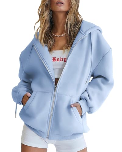 AUTOMET Womens Zip Up Hoodies Long Sleeve Fall Oversized Sweatshirts Fleece Y2K Jacket with Pockets 2024 Fashion Clothes Skyblue XL