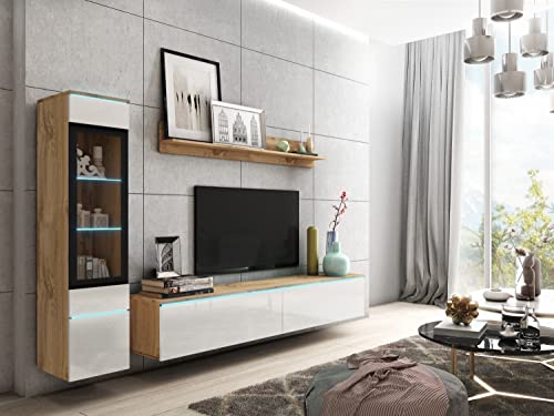 PIASKI Vera I Ensemble de meubles de salon avec éclairage LED en option (Wotan/blanc brillant, sans éclairage LED)