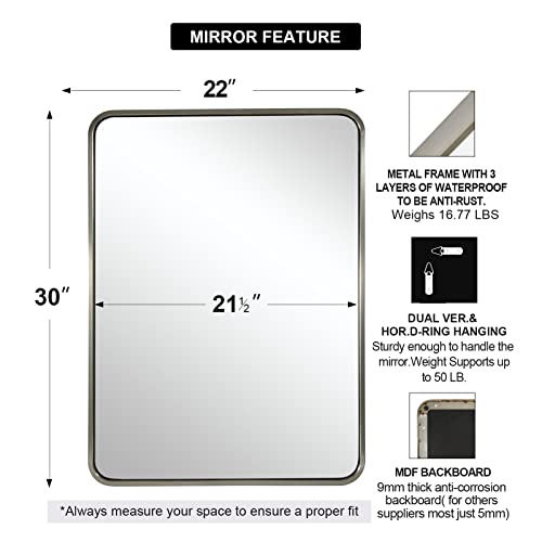 Image of ANDY STAR 22x30'' Brushed Nickel Bathroom Mirror, Rounded Rectangle Brushed Silver Mirror for Bathroom Vanity SUS304 Metal Tube Framed(Rustproof) 1'' Deep Wall Mounted Vertically /Horizontally