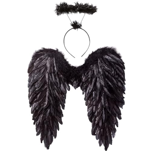 GWAWG Asas de anjo pretas e halo, fantasia de , asas caídas de penas ampliadas e diadema de halo de anjo para Halloween, carnaval, festival de máscaras, fato de festa para adultos e crianças