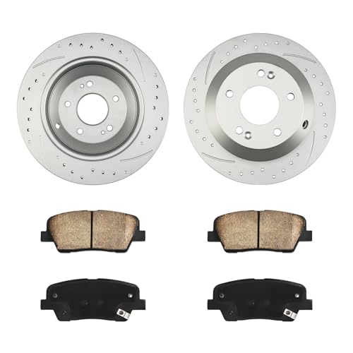 Image of KAX Rear Brake Kit, Drilled and Slotted Brake Rotors, Ceramic Brake Pads | Fits Kia Sorento 2011-2014, Hyundai Santa Fe 2010-2016, Automotive Replacement Brake Kit