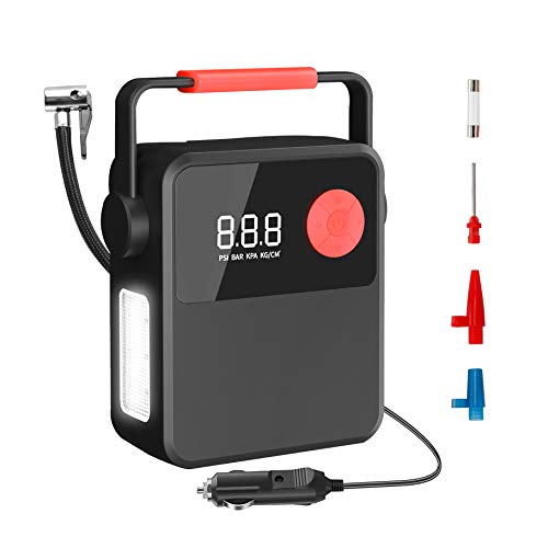 Car Tire Inflator, Portable Car Air Pump 12V DC Air Compressor with Digital Pressure Gauge, Hanger, 150 PSI with Emergency LED light, Performance Inflator for Car, Motorcycles, Bikes, Ballons