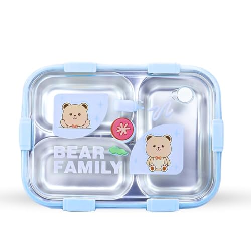 Image of Attro Bento 3 Deluxe Lunch Box with Inner Stainless Steel & Secure Lock Cute Eye Catchy Design Food Grade, Leakproof, Vacuum Seal Design Use for School Kids & Outdoor- 750ml Blue