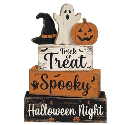 4 Pcs Halloween Decor Trick or Treat Tiered Tray Decorations Wooden Block Signs with Ghost Jack-O-Lantern Witch Hat Farmhouse Rustic Table Centerpiece for Home Kitchen Mantel