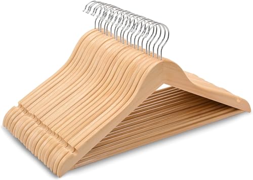 Image of WHISKET - Solid Wood Coat Hanger Heavy Duty, Smooth Finish Bulk Wood Hangers, Wooden Clothes Hanger with Non Slip Pant Bar, 360 Swivel Hook. (10)