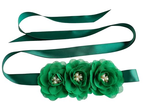 Green Sash Belt for Girls,Flower Girl Sash Belt for Dresses,Chiffon Pearls Bridesmaid Dress Sash Belts Hunter Green