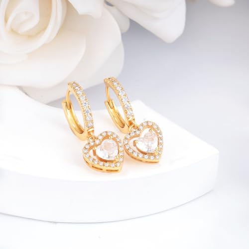 Sterling Silver Gold Heart Earrings for Women - Classic Love Heart-Shaped Hoop Earrings with Dangle Hypoallergenic Lightweight Cubic Zirconia Fashion Gifts for Wife Mother4