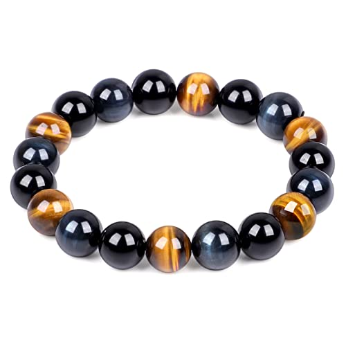 Triple Protection Bracelet, Tiger Eye Bracelet For Men Women, 10Mm Crystal Stone Beaded Black Obsidian Bracelet, Anxiety Relief,Increase Courage And Determination, Healing Energy Bead Bracelet #TOP3