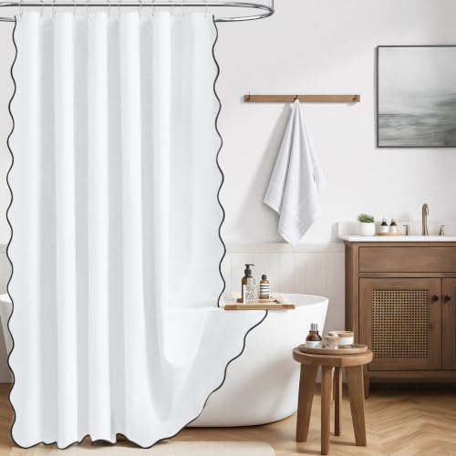 BTTN White Boho Scalloped Linen Textured Cloth Shower Curtain Set, 72x72