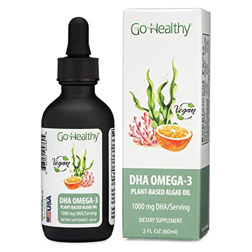 Go Healthy Natural DHA/EPA Omega 3 Liquid Algae Oil, Vegan, Orange Flavor Fish-Free in 60 ml Black Glass