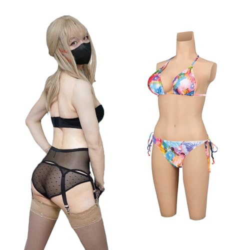 Peikey Faux Sein Silicone Body Gainant Réaliste [Recouvrement Partiel] Combinaison Intégrée avec Pantacourt en Silicone pour Travesti Cosplay, Bonnet D avec Silicone Liquide Blanc