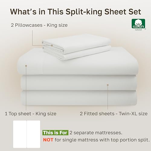 Image of California Design Den Split King Sheet Set Cotton Bedding - 600 Thread Count Sateen, 100% Cotton Sheets, Deep Pockets with All Around Elastic, Snug Fit, Durable - Eggshell Cream