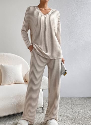 SHEWIN Pajamas for women set sweater lounge sets for women V-neck knit Matching Loungewear Sleepwear Khaki XL