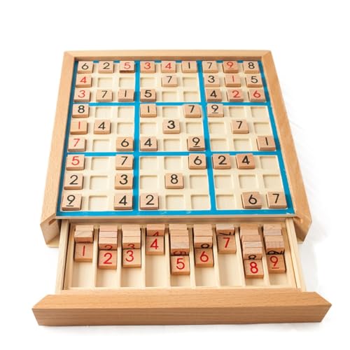 ATOOKY ナンプレ 数独セット 木製ボードゲーム ナンバープレース パズル 知育玩具 脳トレ 学習ゲーム 算数 九宮チェス 数遊び 卓上 引き出し式 番号タイル 論理推論トレーニング クラシック デスクトップ 高齢者・小学生向け 数学脳体操 問題付き