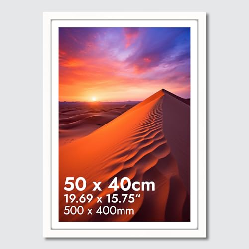 Image of HNK White Picture Frame 40x50cm Engineered Wood and Plexiglass, Photo Frame 400×500mm Dual Orientation Landscape or Portrait, 40x50 Picture Frame Wall Hanging Display Photo for Home, Office