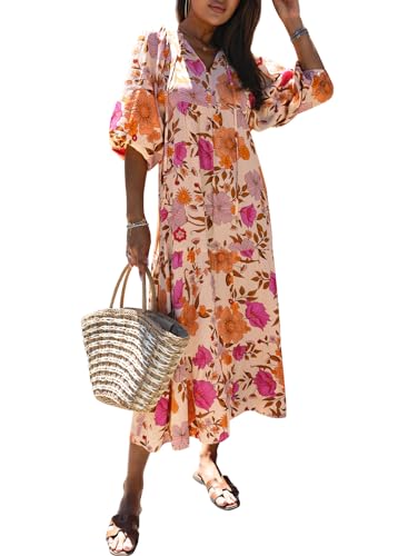 Image of miduo Womens Loose Fit Casual Summer V Neck Half Sleeve Bohemian Geometric Pattern Maxi Long Dresses