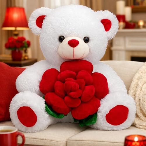 BEJOY Teddy Bear Stuffed Animals Plush Bear Holding Rose Soft Plush Toy Gifts 16 inches White - Image 6