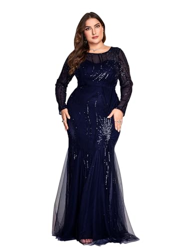 Image of Plus Size Long Sleeve Sequin Evening Dress Glitter Mermaid Long Gown for Mother of The Bride Or Wedding Guest