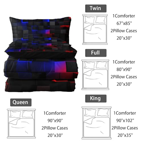 Image of Nttopship Neon Blue and Red Black Comforter Set Full Geometric Kids Bedding Set,3 PCS Geometry Honeycomb Modern Room Decor Quilt Set 1 Comforter 2 Pillow Cases All Season B-Side Black