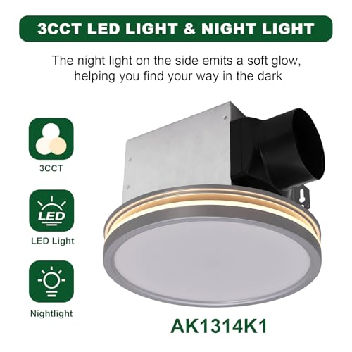 Image of Akicon Bathroom Exhaust Fan with Light, 80 CFM 2.0 Sones Bathroom Fan for Ceiling, 3CCT 15W Dimmable LED Light and 3.5W Nightlight Vent Fans Combo for Home, Round, Sliver