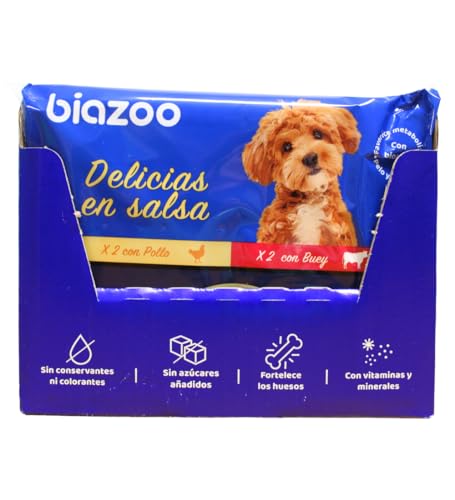 Biazoo- Pack 12 Unidades Comida húmeda para Perros- Delicias fileteadas Pollo y bueygrain Free - 4 Pouches x 100 gr
