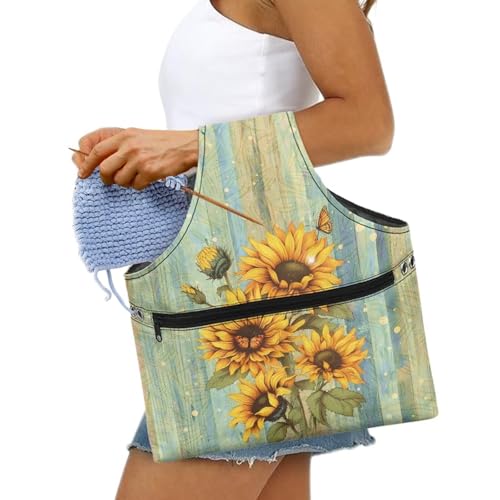 Babrukda Crochet Bag Storage Organizer, Retro Sunflower Plank Print Yarn Bag, Knitting Tote Bag, Craft Kits Bag, Yarn Holder for Crochet Accessories, Handbag for Daily Travel Beach, Large