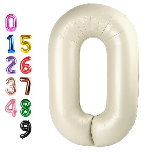 Image of 0 Balloon 40 inch Cream Number Balloons for 10th Birthday Party Decorations | Saturated Color, Large 40 inch, With Inflation Straw & Hanging Holes, Great for Wedding, Anniversary, Thanksgiving, Christmas