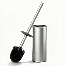 Toilet Brush and Holder Set, NEWRAIN Stainless Steel Toilet Brush with Long Brush Handle, Brushed Nickel Toilet Scrubber and Covered Holder, Round Design Sturdy and Space Saving, Covered Brush