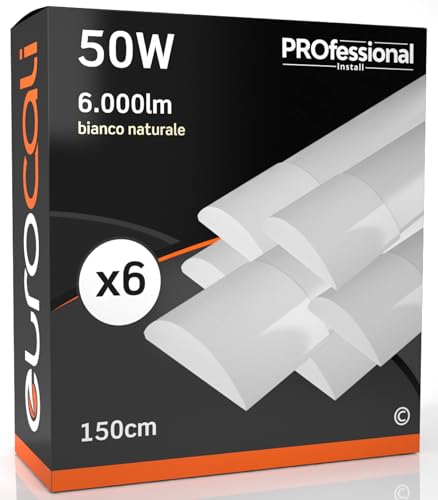 Eurocali Plafoniera LED soffitto 150cm 50W Lineare 6000 lumen - Luce Bianco Naturale 4000K - Pacco da 6 plafoniere