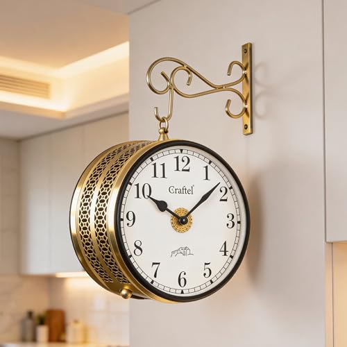 Image of CRAFTEL Double Sided Station Wall Clock Multi-Layer Electroplated | Both Side Numerals | Brass Body Aluminum Matte-Finish Dial | Dial - 10 Inches, Shiny Gold | 365 Days Warranty