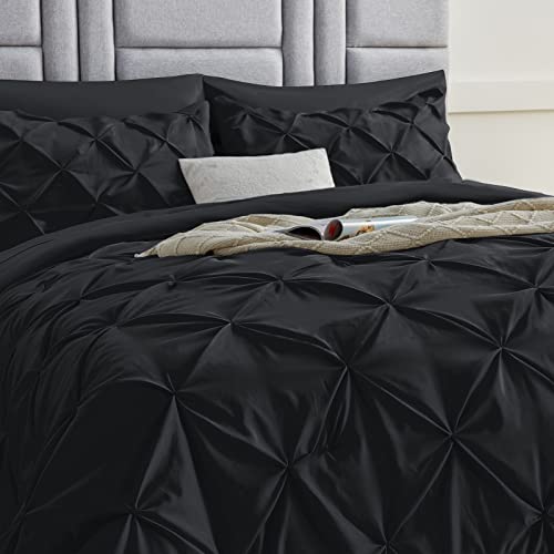 Cozylux Queen Comforter Set - 7 Pieces Comforters Queen Size Black, Pintuck Bed In A Bag Pinch Pleat Complete Bedding Sets With All Season Comforter, Flat Sheet, Fitted Sheet And Pillowcases & Shams #TOP6
