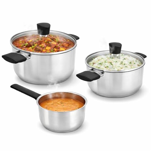 TIENDA EURASIA – Batería de Cocina 5 Piezas de Acero Inoxidable | 2 Cacerolas con Tapa de Cristal (18 y 20 cm) + Cazo 16 cm | Apta para Todo Tipo de Cocinas | Uso Diario | Color Plateado