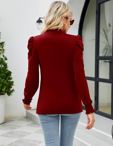 Image of LUYAA Puff Long Sleeve Shirts for Women Tops Dressy Casual Frill Mock Neck Smocked Cuffs Blouses