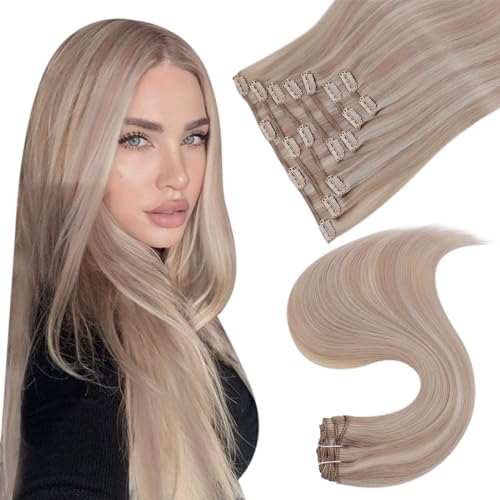 Easyouth Clip in Extensions Real Human Hair Highlight Blonde Remy Hair Extensions Clip ins Ash Blonde Mixed Bleach Blonde Clip-in Human Hair Extension Easy to Style 16 Inch 120g 7Pcs P18/613