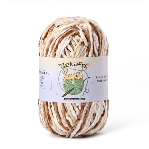 Image of Fuzzy Chenille Yarn for Crocheting, Fluffy Amigurumi Crochet Yarn for DIY Craft /Hat /Shoes, (100g /197yds) Soft Velvet Baby Blanket Yarns (White Coffee)