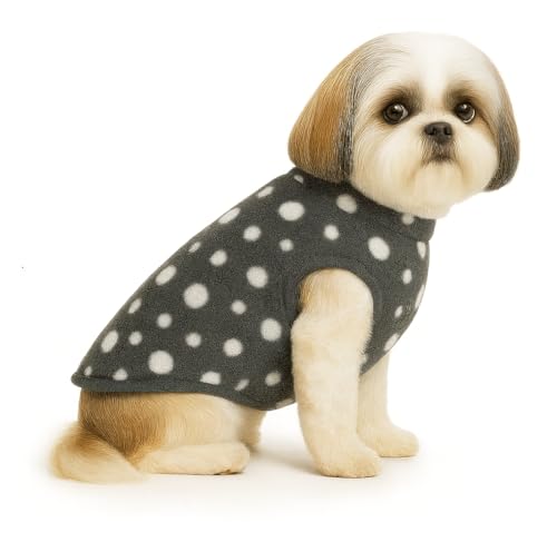 Image of The Pets Company Dog Winter Coat Jacket, Clothes, Windproof, Light Weight, Washable, Ultra Warm Thick Fleece Lined Dog Vest for Cold Weather Protection, (Polka Grey Cherry, Small - 14 Inch)
