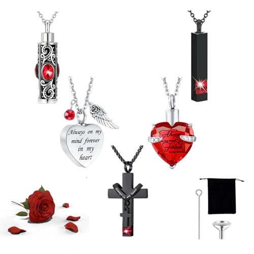 5 Piece Urn Necklace for Ashes, Red Cremation Jewelry for Ashes, Crystal Heart Cross Cubic Ashes Necklace with Angel Wing, Ashe Keepsake for Men and Women with Small Spoon, Funnel, Velvet Bag