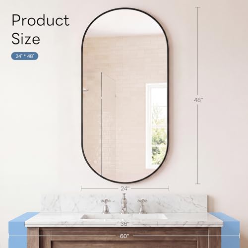 Image of Sweetcrispy 24 inch x 48 inch Black Bathroom Mirror for Wall, Oval Wall Mirror with Metal Frame, Tempered Glass, Modern Vanity Mirror for Over Sink, Living Room, Bedroom, Entryway, Horizontal or Vertical
